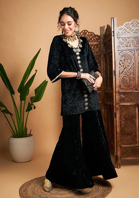 Black Embroidered Velvet Palazzo Set