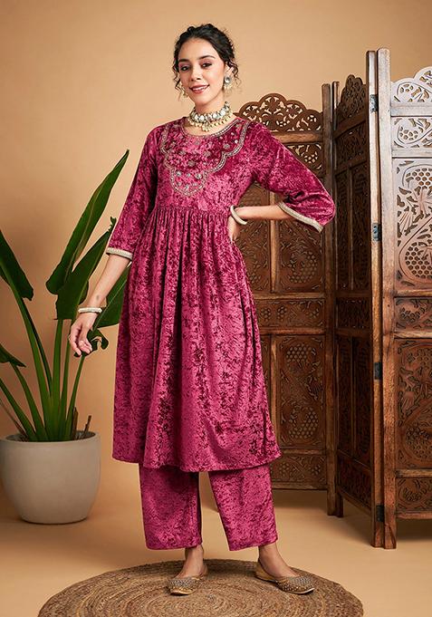 Pink Embroidered Velvet Kurta Set