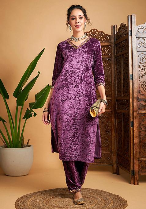 Mauve Embroidered Velvet Kurta Set