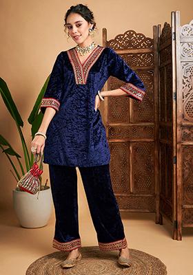 Navy Blue Embroidered Velvet Co-Ord Set