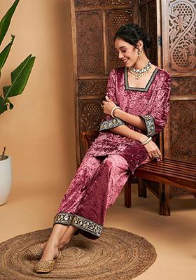 Pink Embroidered Velvet Co-Ord Set