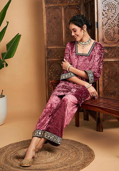 Pink Embroidered Velvet Co-Ord Set