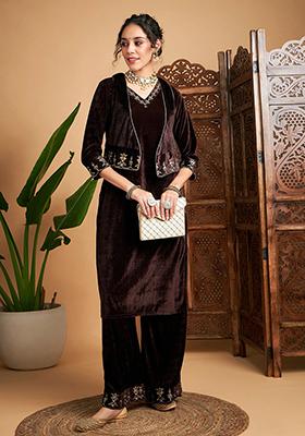 Brown Embroidered Velvet Kurta Set