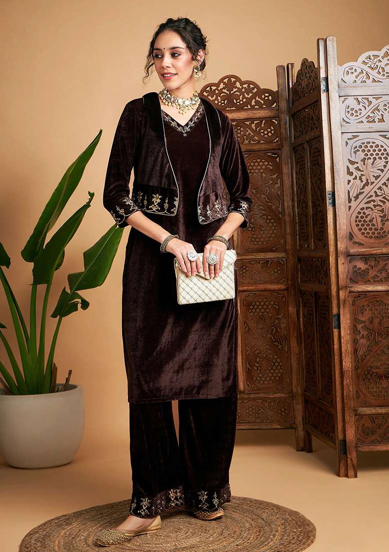 Brown Embroidered Velvet Straight Kurta Set - Indya