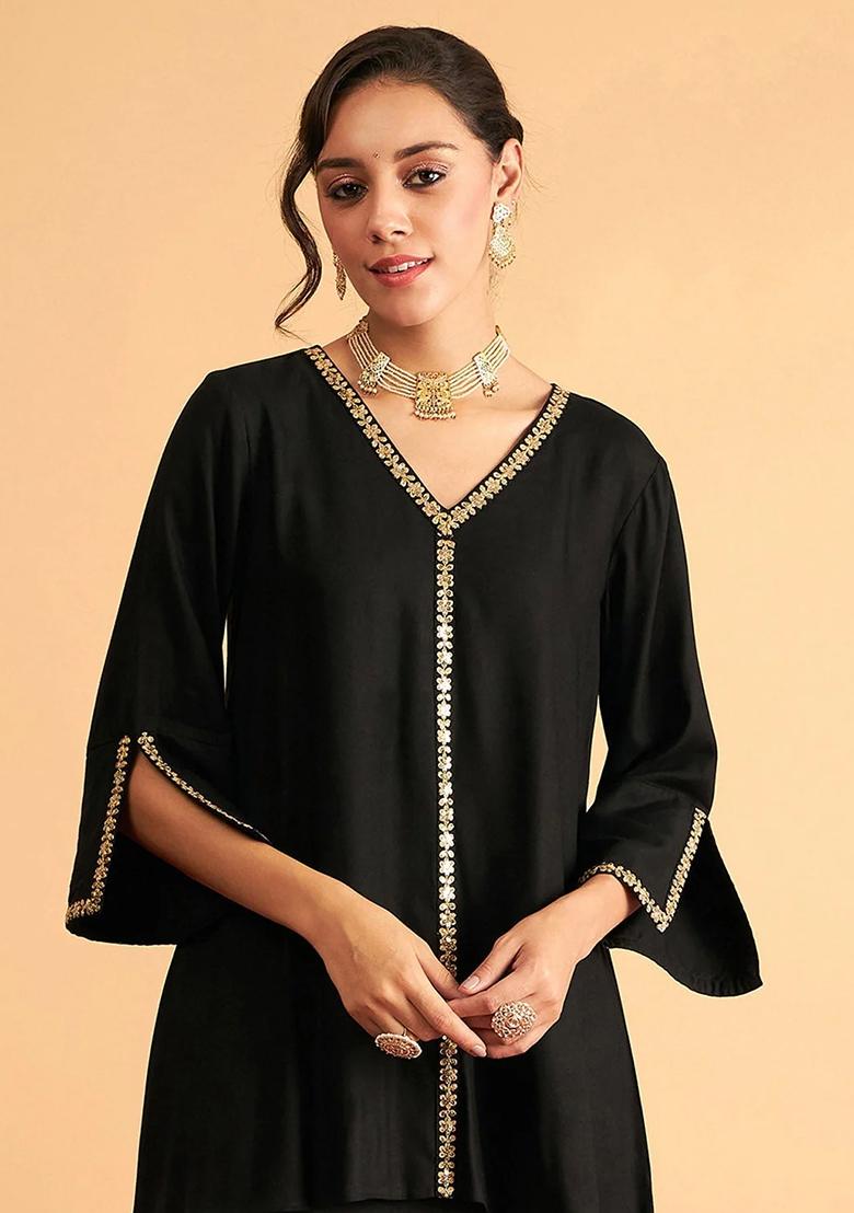 Black Embroidered Rayon Co-Ord Set