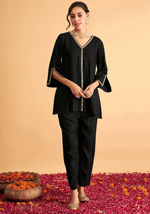 Black Embroidered Rayon Co-Ord Set