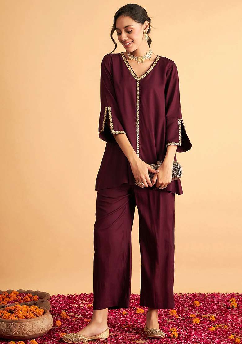 Burgundy Embroidered Rayon Co Ord Set - Indya