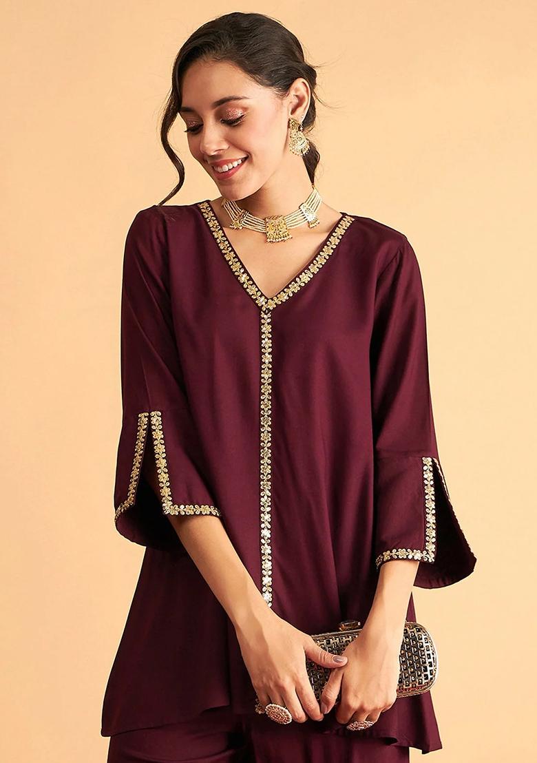 Burgundy Embroidered Rayon Co-Ord Set