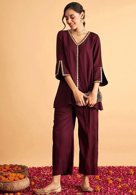 Burgundy Embroidered Rayon Co-Ord Set