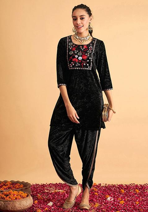 Black Embroidered Velvet Co-Ord Set