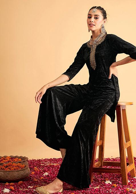 Black Embroidered Velvet Palazzo Set