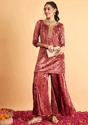 Pink Embroidered Velvet Palazzo Set