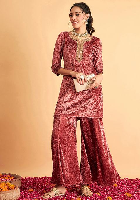 Pink Embroidered Velvet Palazzo Set