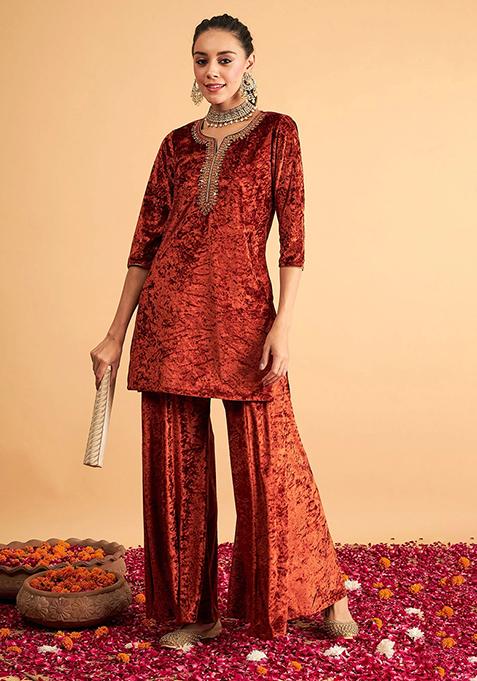 Rust Embroidered Velvet Palazzo Set