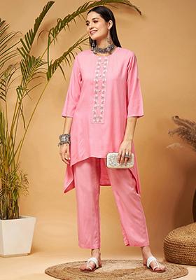 Pink Embroidered Rayon Kurta Set