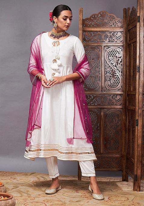 Off White Sequin Embroidered Rayon Kurta Set