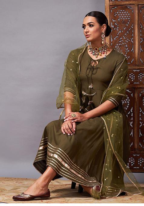 Olive Sequin Embroidered Rayon Kurta Set