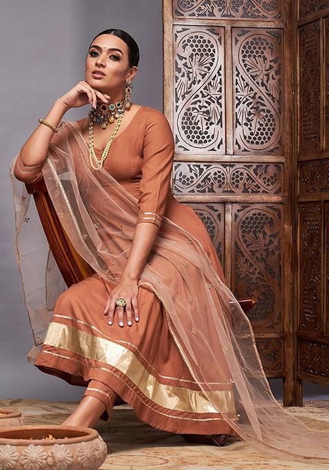 Brown Sequin Embroidered Rayon Kurta Set