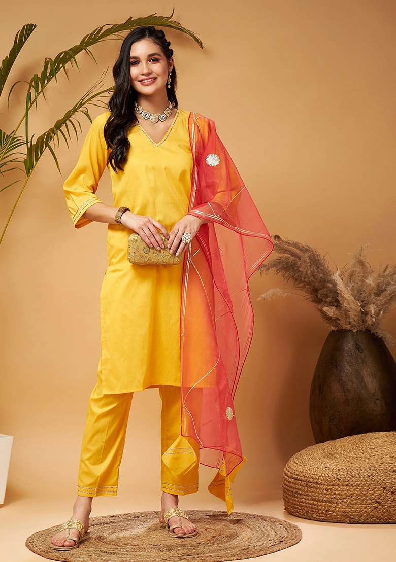 Yellow Solid Cotton Silk Kurta Set - Indya