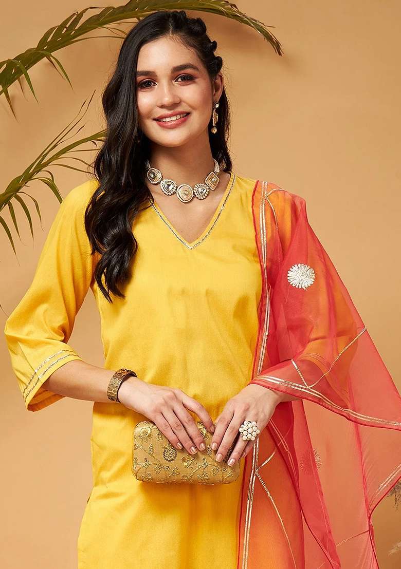 Yellow Solid Cotton Silk Kurta Set - Indya