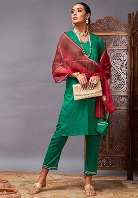 Green Solid Cotton Silk Kurta Set