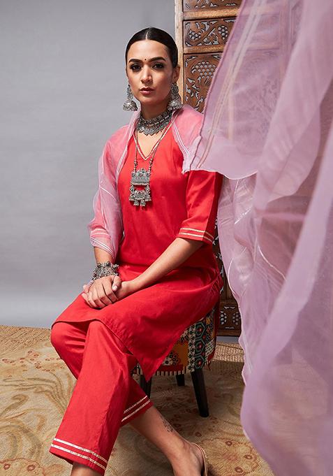 Red Solid Cotton Silk Kurta Set