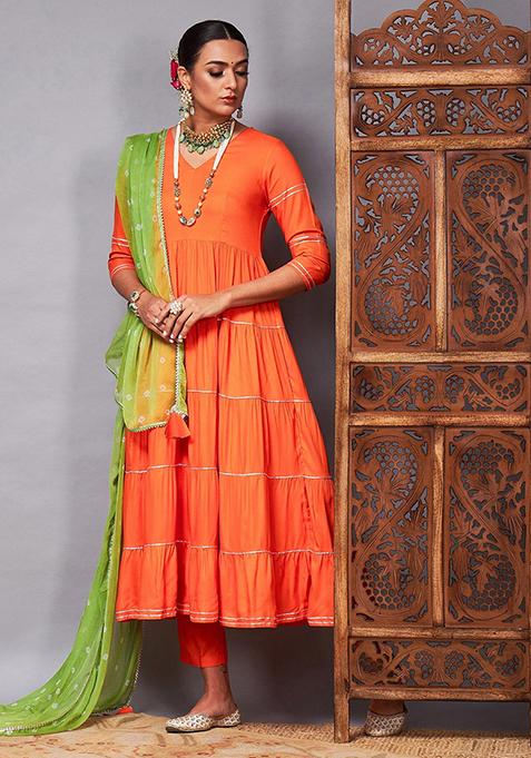 Orange Solid Rayon Kurta Set
