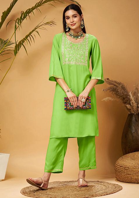 Green Embroidered Rayon Kurta Set