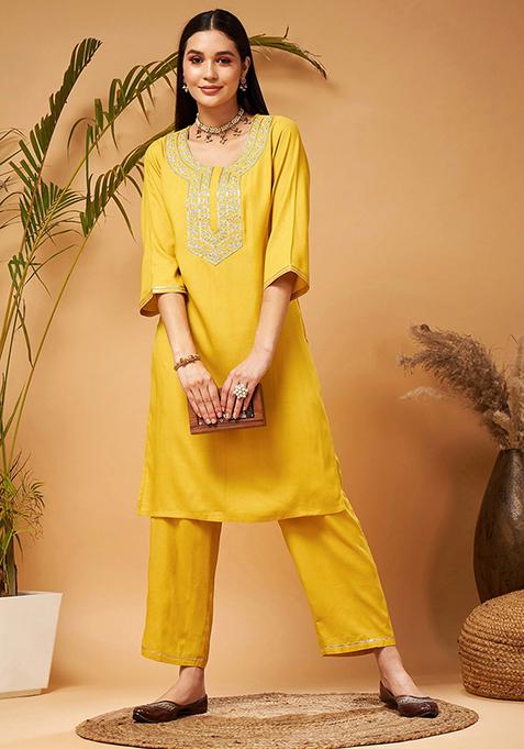 Yellow Embroidered Rayon Kurta Set