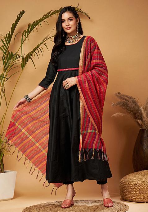 Black Embroidered Cotton Silk Kurta Set