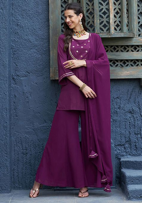 Burgundy Embroidered Poly Crepe Kurta Set