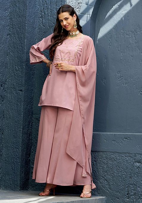 Pink Embroidered Poly Crepe Kurta Set