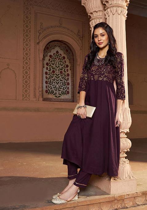 Burgundy Printed Rayon Kurta Set