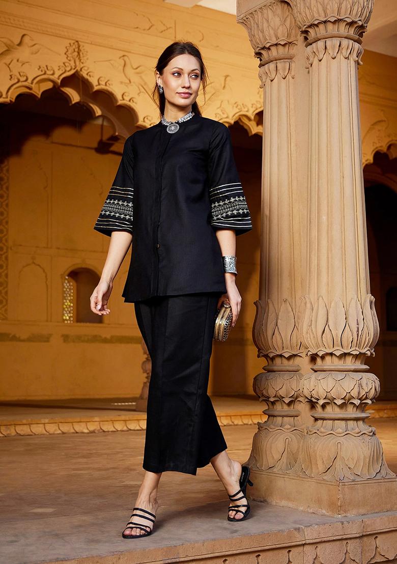 Black Embroidered Poly Viscose Co-Ord Set