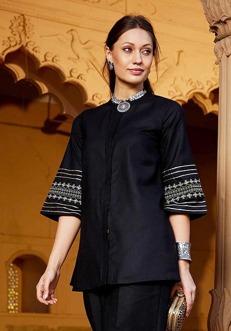 Black Embroidered Poly Viscose Co-Ord Set