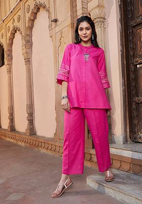 Fuchsia Pink Embroidered Poly Viscose Co-Ord Set