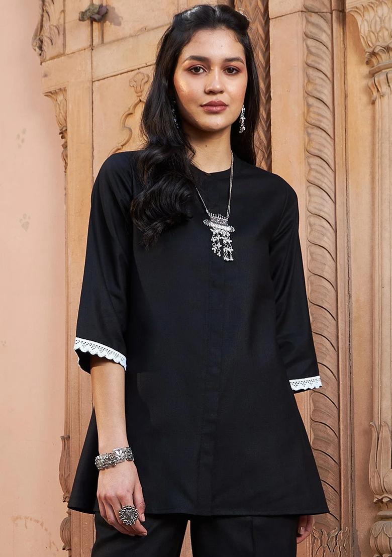 Black Solid Poly Viscose Co-Ord Set