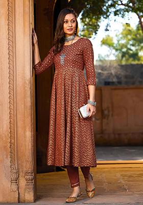 Rust Printed Rayon Anarkali Set