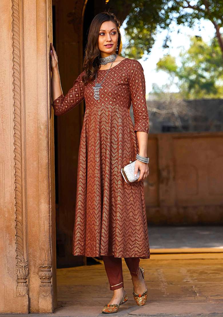 Rust Printed Rayon A Line Kurta Set - Indya