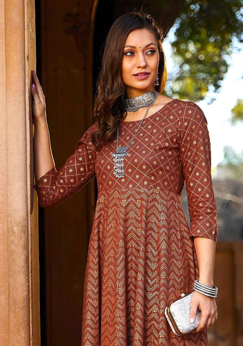 Rust Printed Rayon A Line Kurta Set - Indya