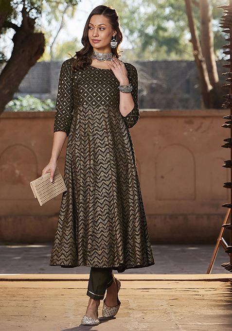 Olive Printed Rayon Anarkali Set