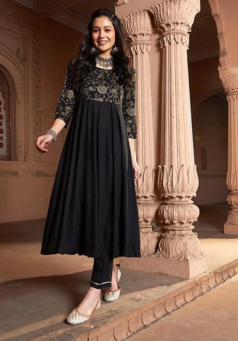 Black Printed Rayon Anarkali Set