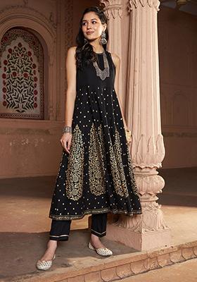 Black Printed Rayon Anarkali Set