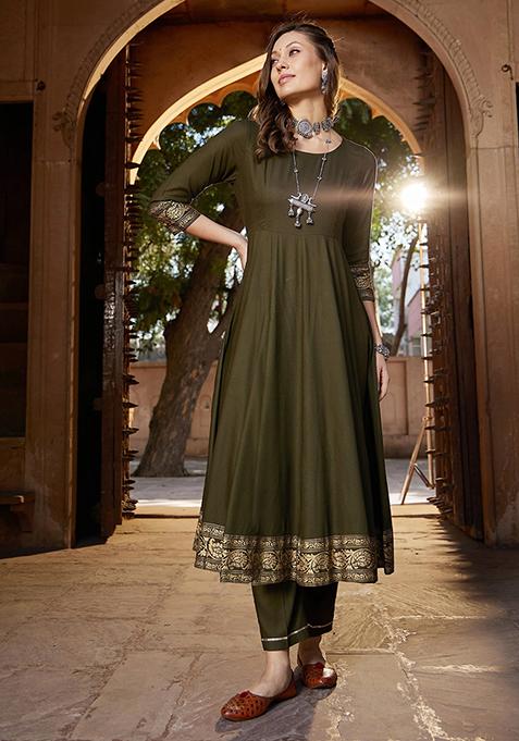 Olive Printed Rayon Anarkali Set