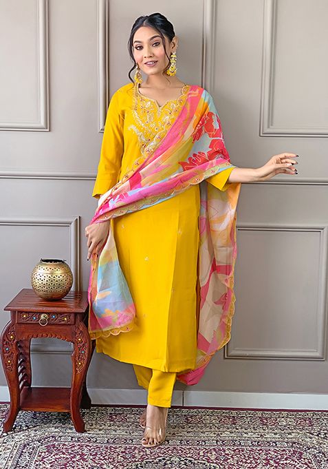 Yellow Embroidered Viscose Kurta Set