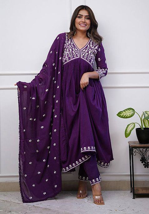 Purple Embroidered Silk Kurta Set