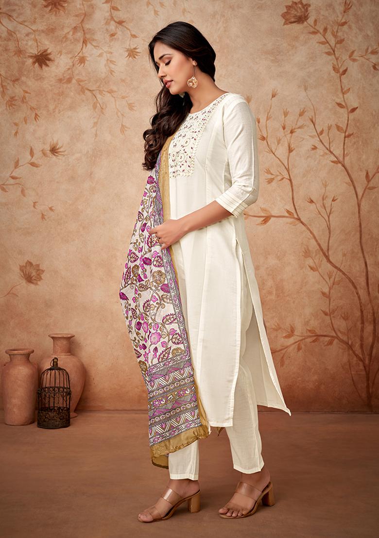 White Embroidered Chanderi Silk Kurta Set
