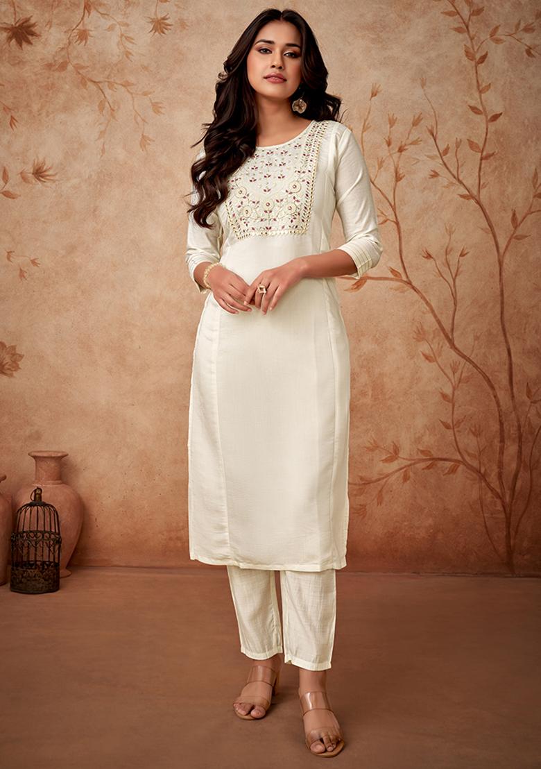 White Embroidered Chanderi Silk Kurta Set