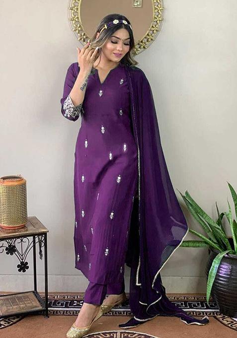 Purple Embroidered Rayon Kurta Set