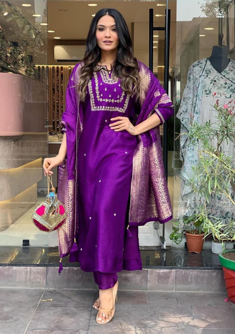 Purple Embroidered Chanderi Viscose Kurta Set